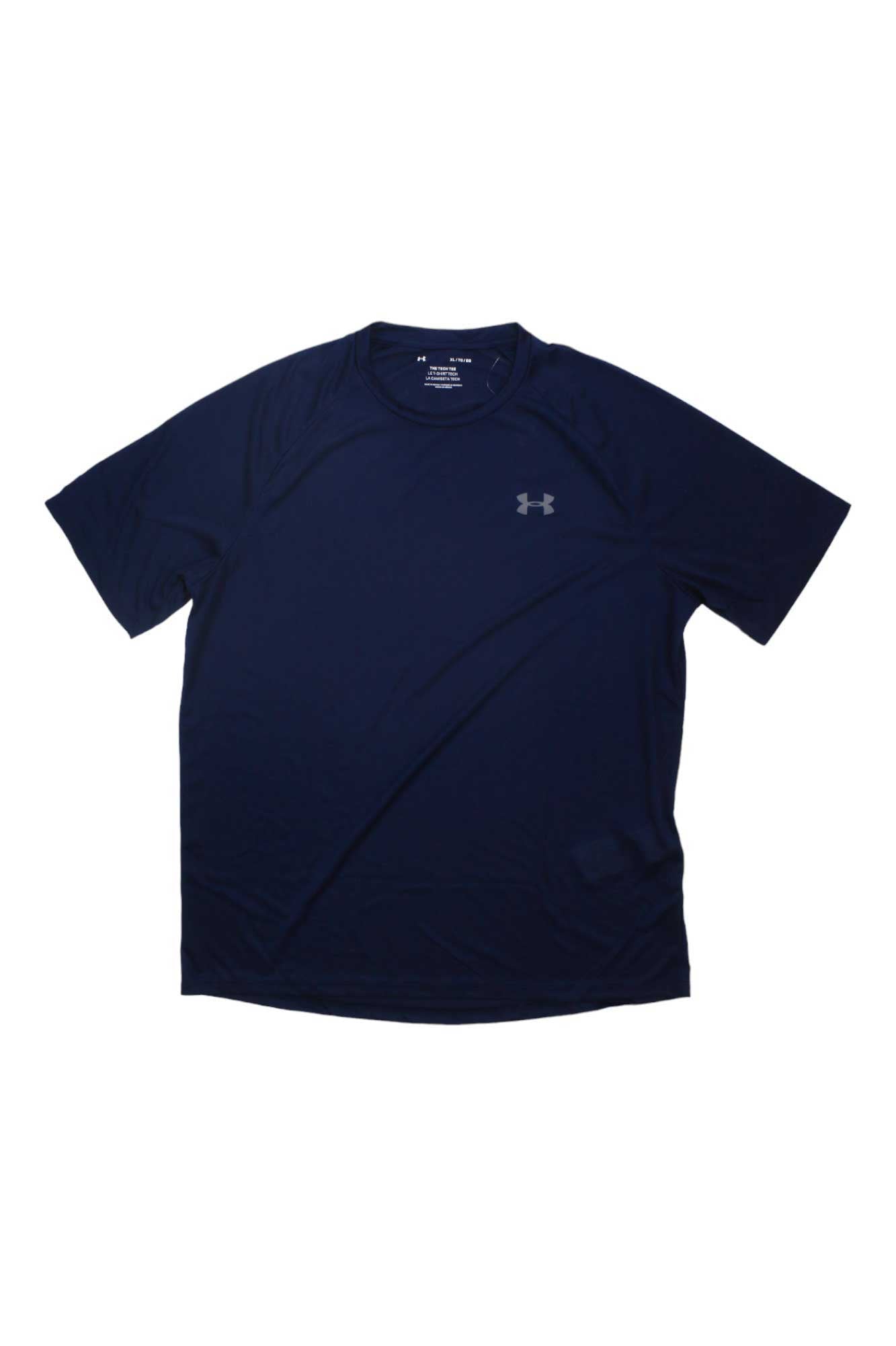 The Under Armour Mens UA Tech 2.0 SS Tee is a navy blue short-sleeve athletic shirt with moisture-wicking fabric and a small chest logo, shown laid flat on a white background.