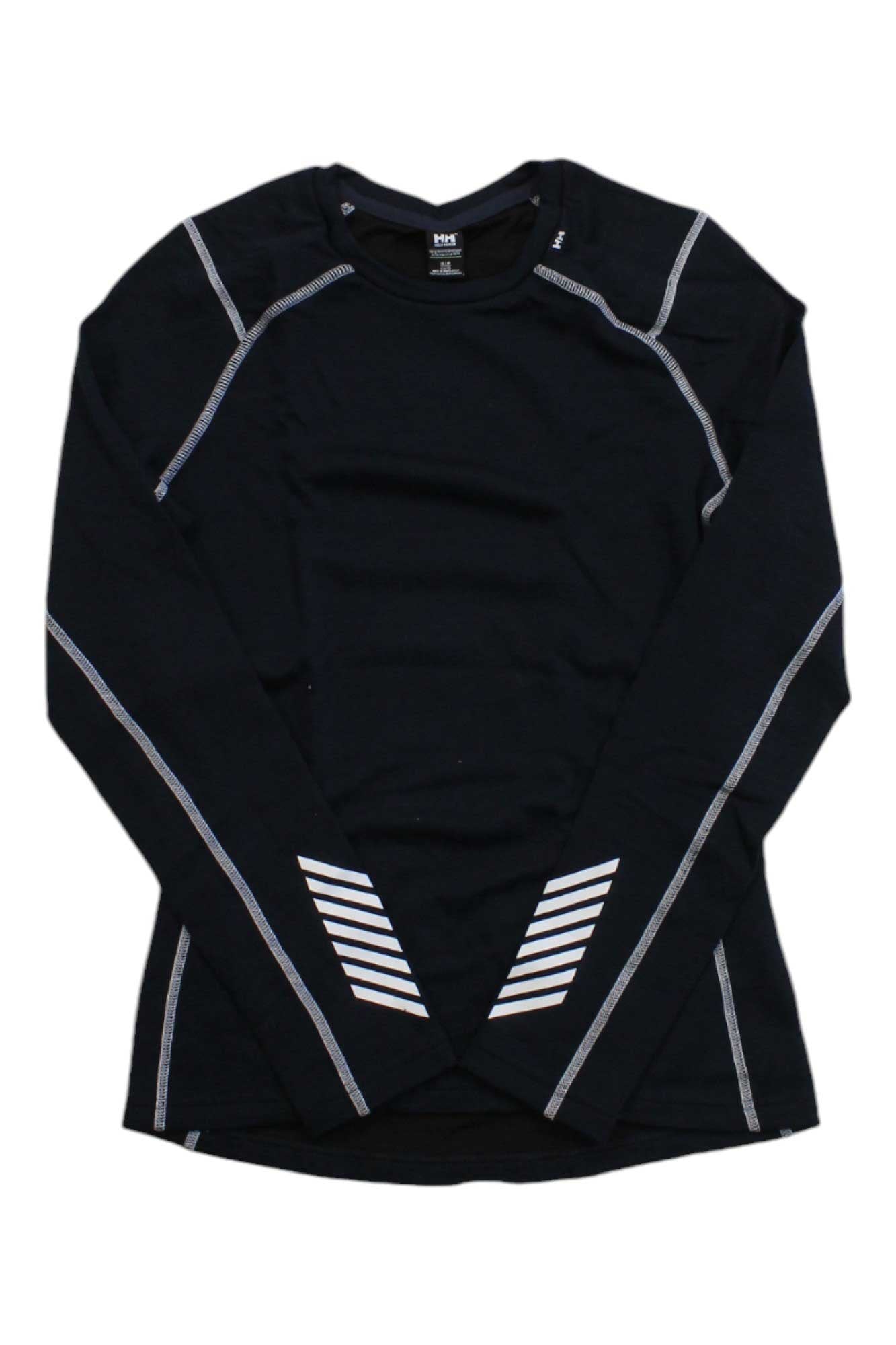 The Helly Hansen Womens Lifa Merino Midweight Crew, a black merino wool base layer, features light gray seam stitching and white diagonal stripes near the wrists, shown laid flat on a white background.