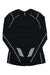 The Helly Hansen Womens Lifa Merino Midweight Crew, a black merino wool base layer, features light gray seam stitching and white diagonal stripes near the wrists, shown laid flat on a white background.