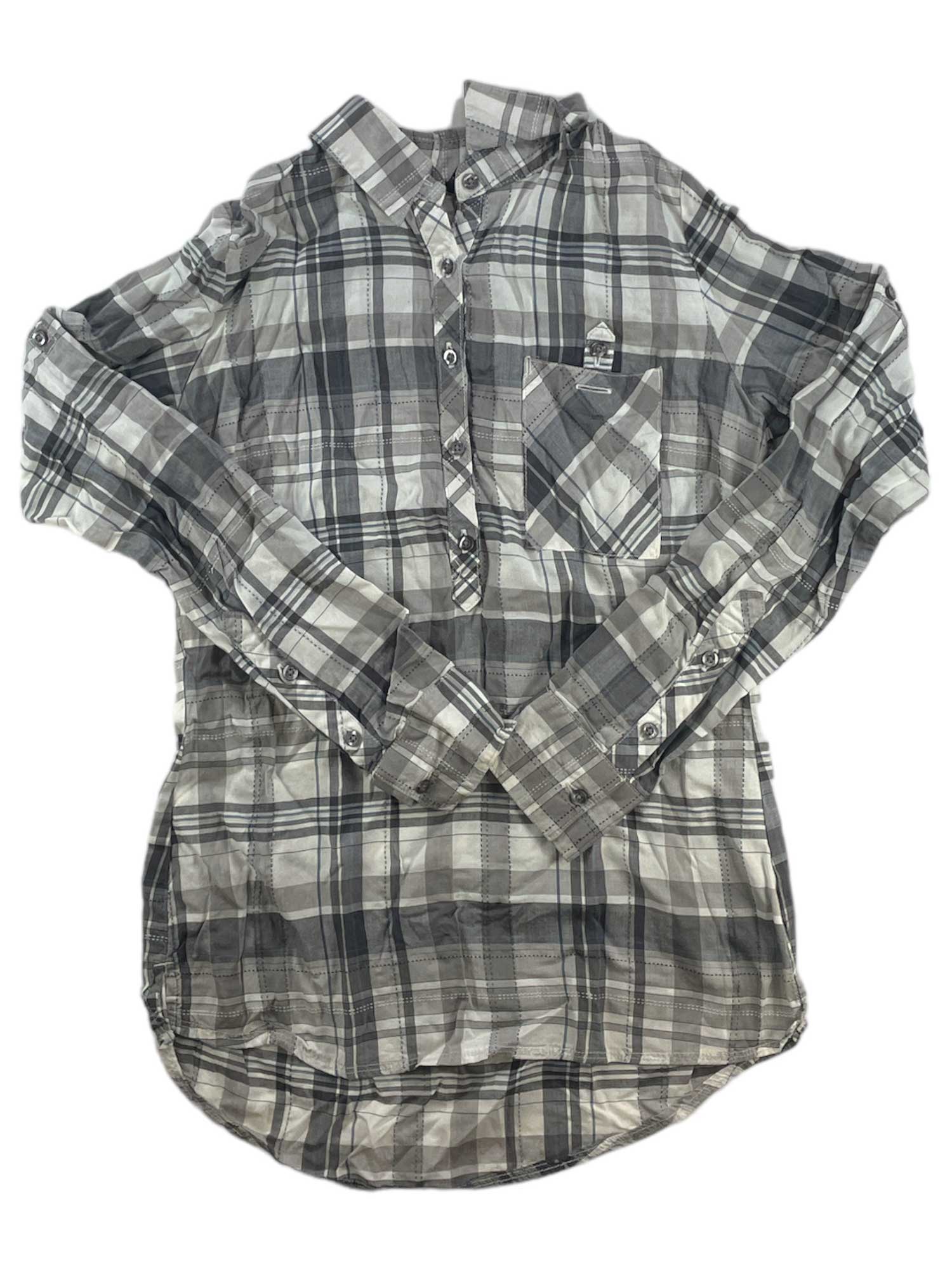 Plaid button-up top, grey-and-white, long sleeves, chest pocket, curved hem