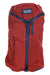 Garnet red backpack front panel with vertical zipper and drawstring hood, logo patch