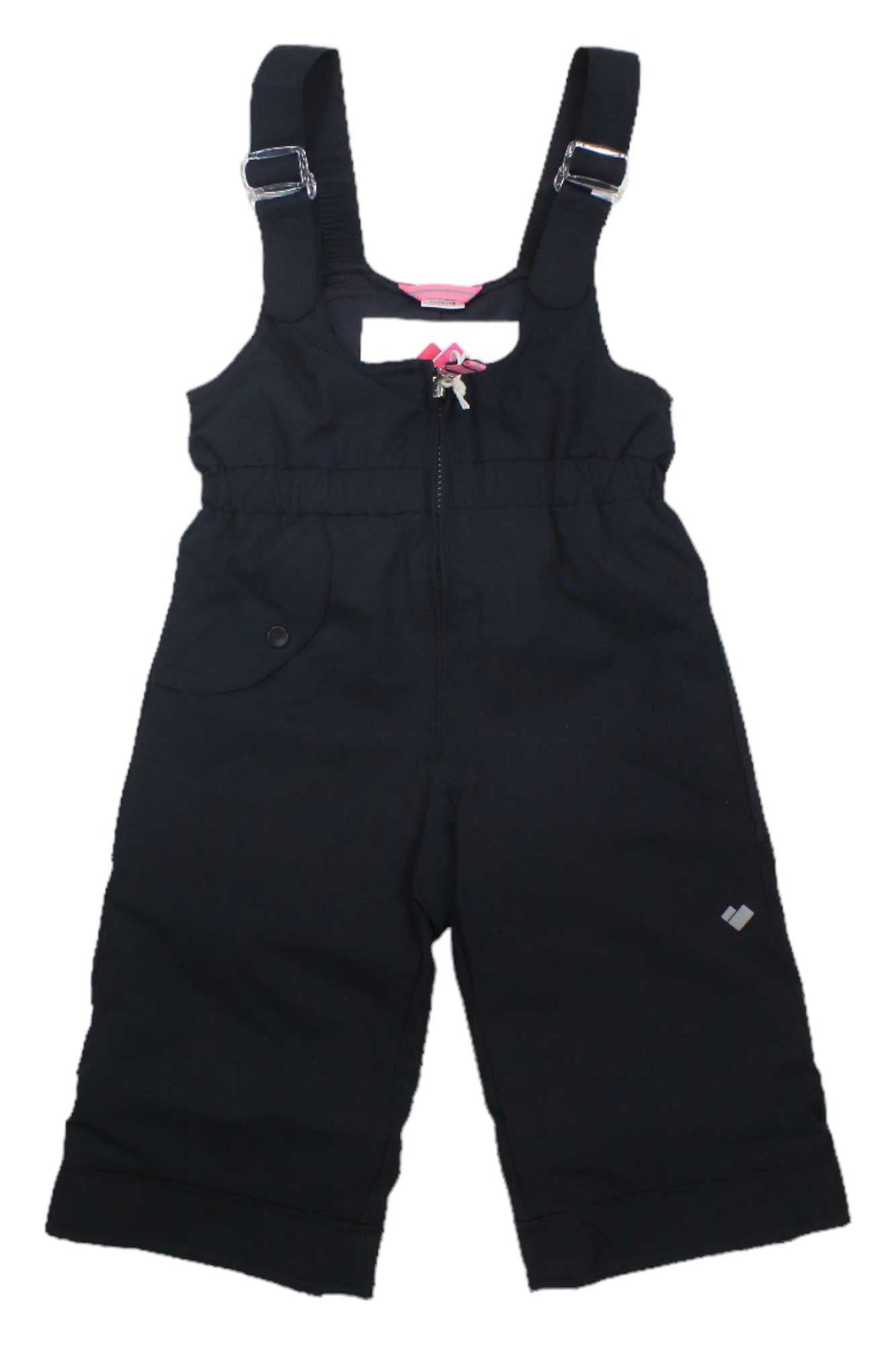 Black children's overalls, inspired by the Obermeyer Girls Snoverall Pant, feature adjustable straps, a front zipper, pink chest bow, side pocket, and reflective patch near the left leg—ideal insulated ski pants for girls.