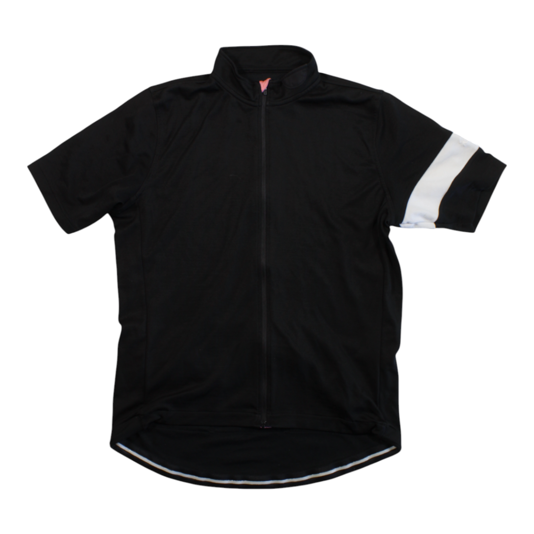 Men's short-sleeve full-zip cycling jersey with stand collar, black with white sleeve panels