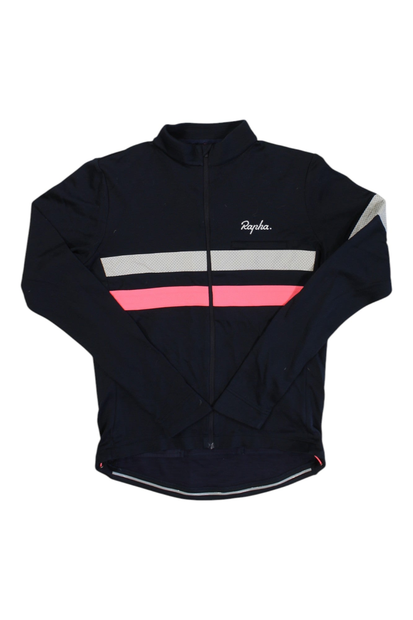 The Rapha Brevet Infinium Long Sleeve Jersey is a black cycling top with a front zipper, long sleeves, and white, pink, and gray chest stripes—designed for standout performance and style.