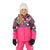 A young girl smiles against a white background in The North Face Toddlers Freedom Insulated Jacket featuring colorful patterns and pink accents, paired with a white knit beanie, pink snow pants, and black gloves.