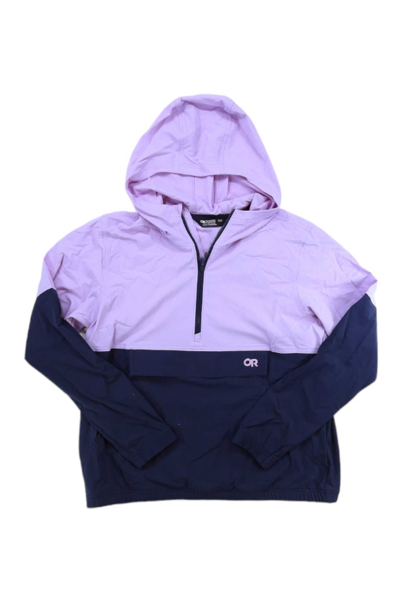 The Outdoor Research Womens Ferrosi Anorak is a lightweight, color-block hooded jacket with a light purple top and sleeves, navy blue bottom, water-resistant nylon, half-zip front, and OR logo—ideal for outdoor adventures.