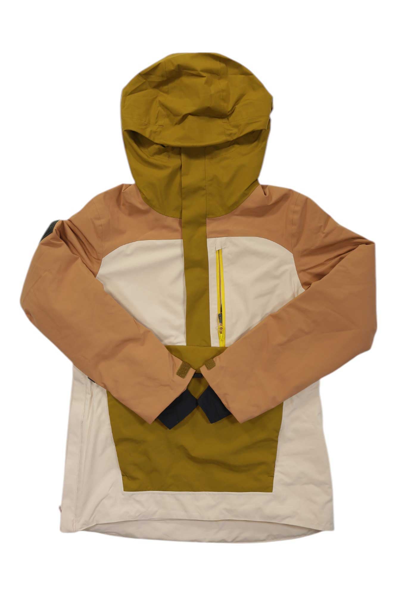 Women’s Snowcrew anorak with tan, white, and olive color-block hood and zip front