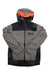 The Helly Hansen Mens Powdreamer 2.0 Jacket is gray and black with an orange-lined hood and front zipper, features the HH logo on the chest and inside the hood, plus black-outlined sleeves and pockets.