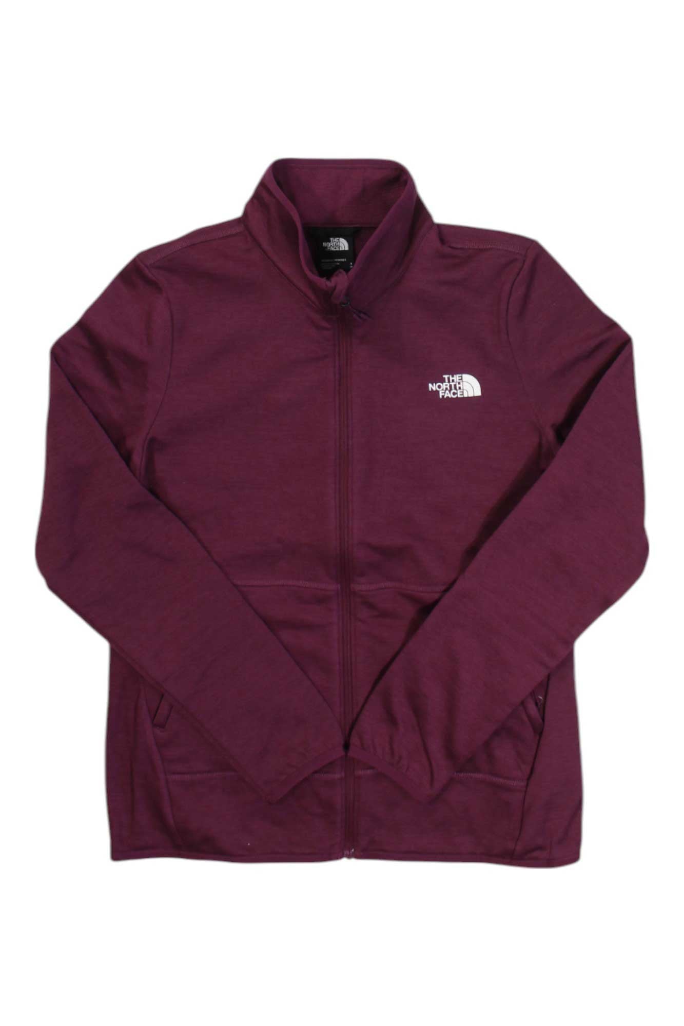 A maroon The North Face Women's Canyonlands Full Zip Jacket with long sleeves, slim fit, and white logo on the left chest is laid flat on a white background. This women's stretch fleece jacket offers comfort and style.
