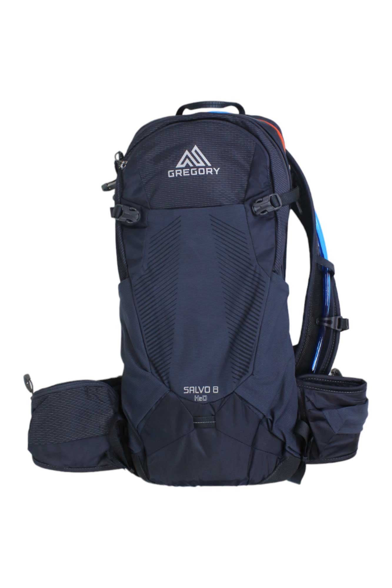 The black Gregory Salvo 8 Hydration Pack features multiple compartments, padded shoulder straps, ventilated suspension, a waist belt with pockets, and right-strap hydration tube compatibility with the 3D Hydro reservoir.