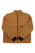 The Topo Designs Womens Subalpine Fleece Jacket is a tan fleece with black cuffs, a high collar, chest pocket, and mixed smooth and textured recycled sherpa panels for added style and warmth.