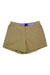 Tan Marmot Womens Kodachrome 5 Inch Short with a purple belt and side pockets, shown flat on white. Features quick-drying fabric, UPF 50 protection, and the Marmot logo on the lower left—ideal for sunny outdoor adventures.