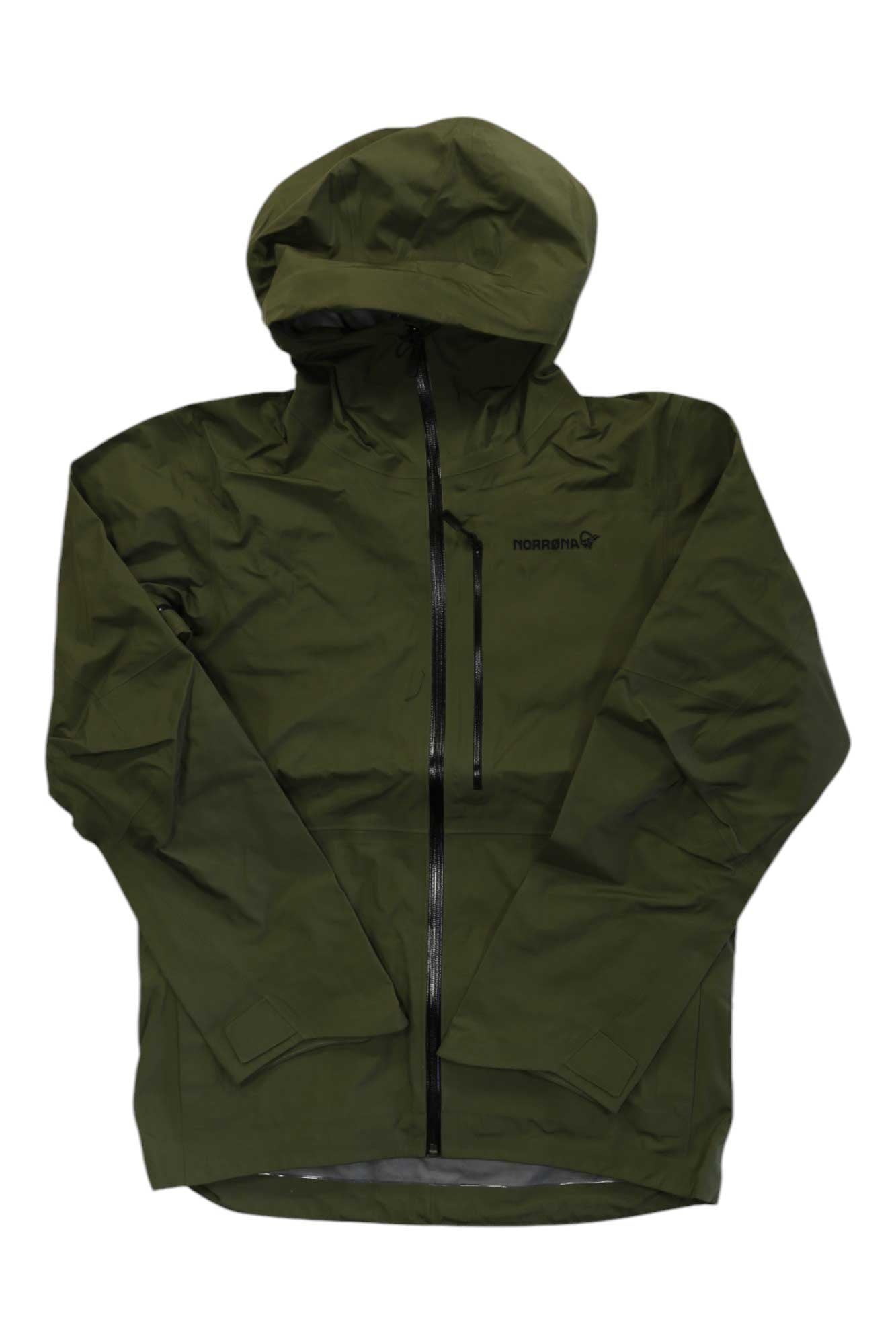 The Norrona Mens Lofoten GTX Jacket in olive green with a hood, front zipper, and chest zip pocket is displayed flat on a white background. The Norrona logo appears on the chest—ideal as a breathable jacket for outdoor adventures.