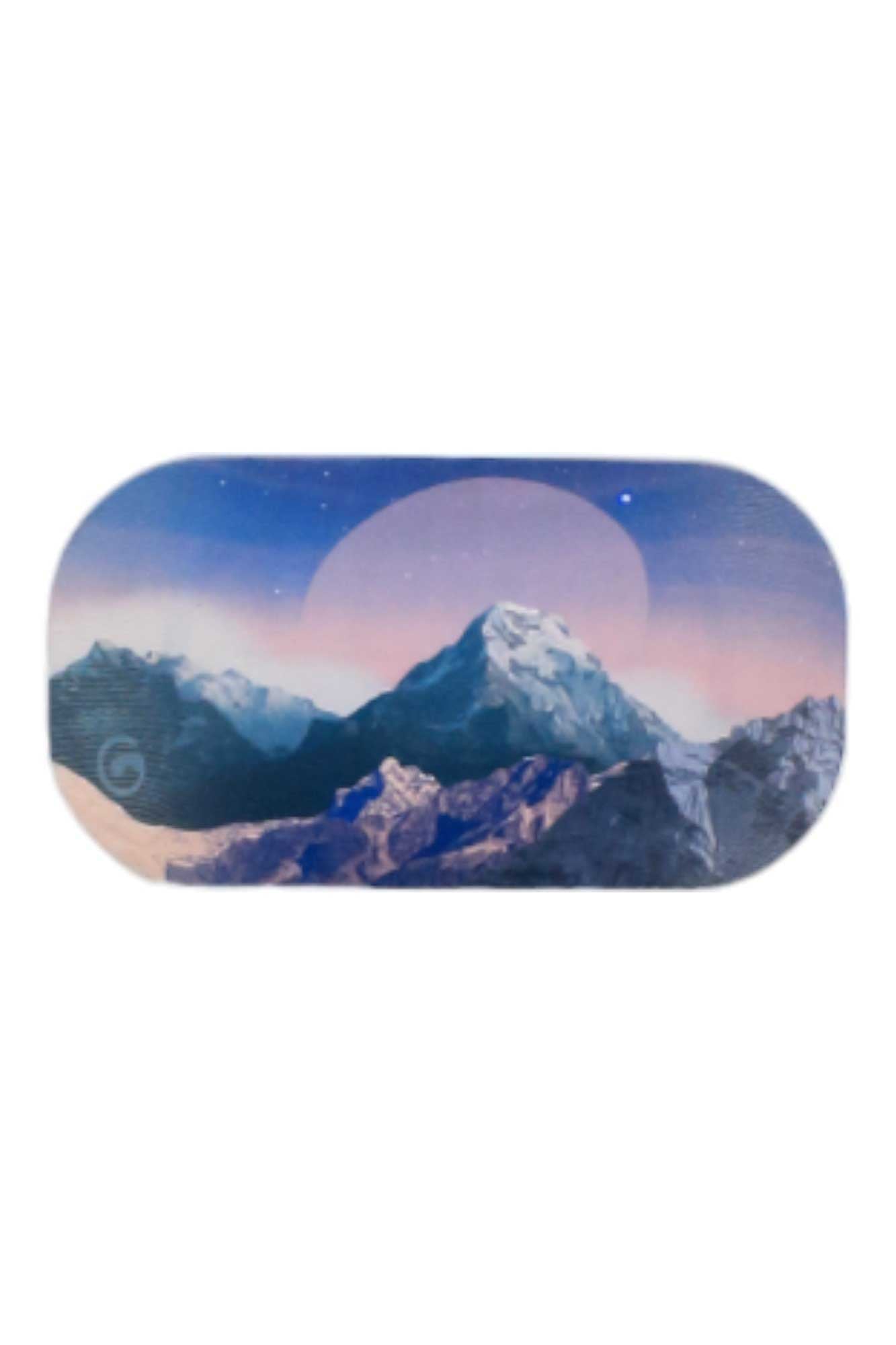 A stylized illustration of snow-capped mountains under a twilight sky with stars and a large, faint circle decorates this eco-friendly GoggleSoc Protective Goggle Cover.