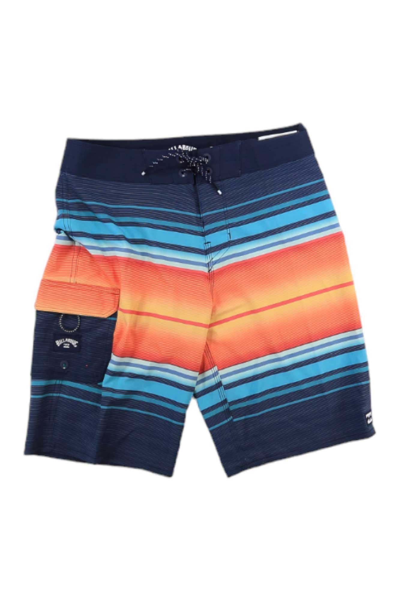 The Billabong Boys All Day Stripe Pro Boardshort features recycled polyester, horizontal blue, teal, orange, and red stripes, 4-way stretch fabric, a lace-up waistband, and a side pocket with a flap.