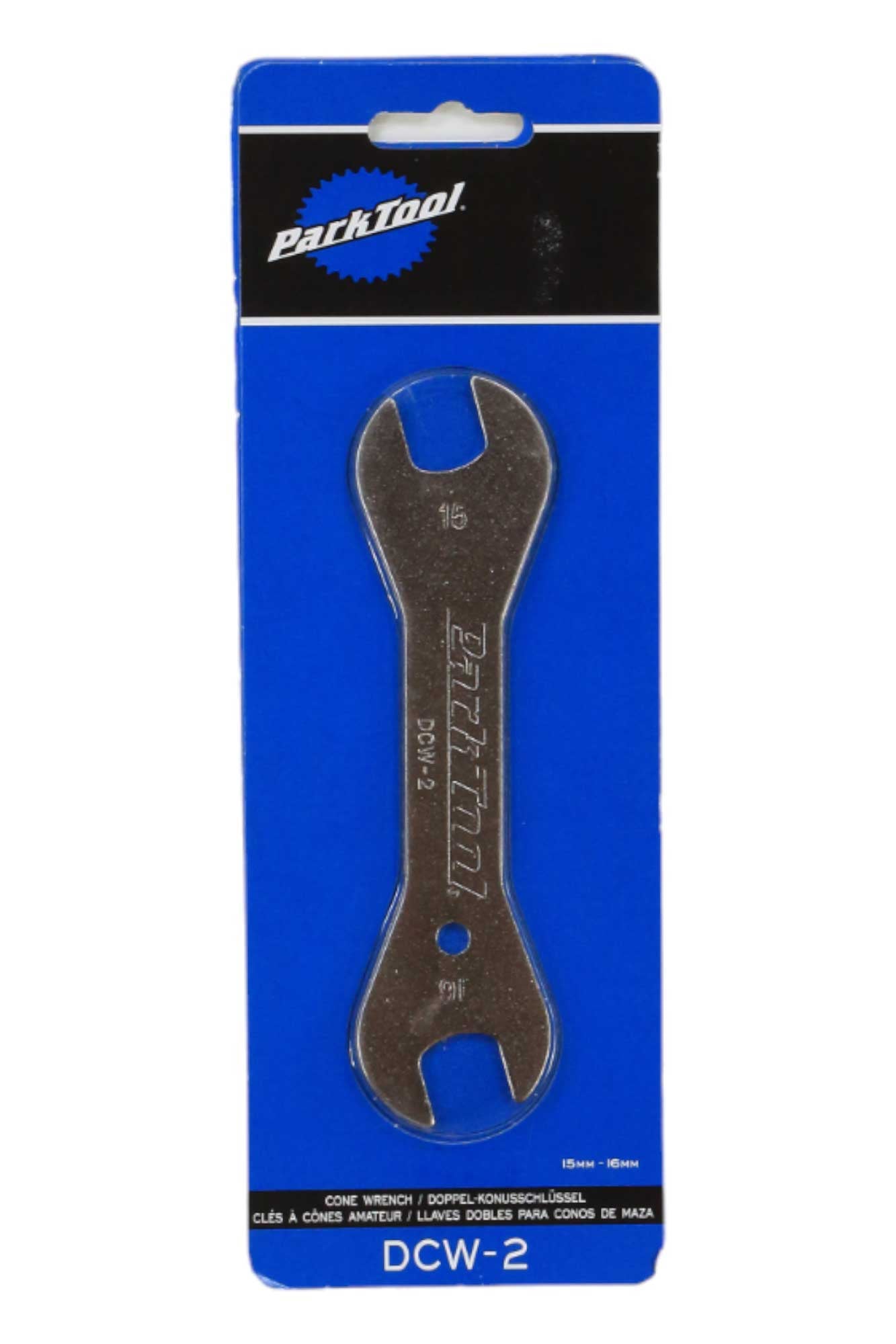 Double-ended cone wrench, silver metal tool with size markings on both ends