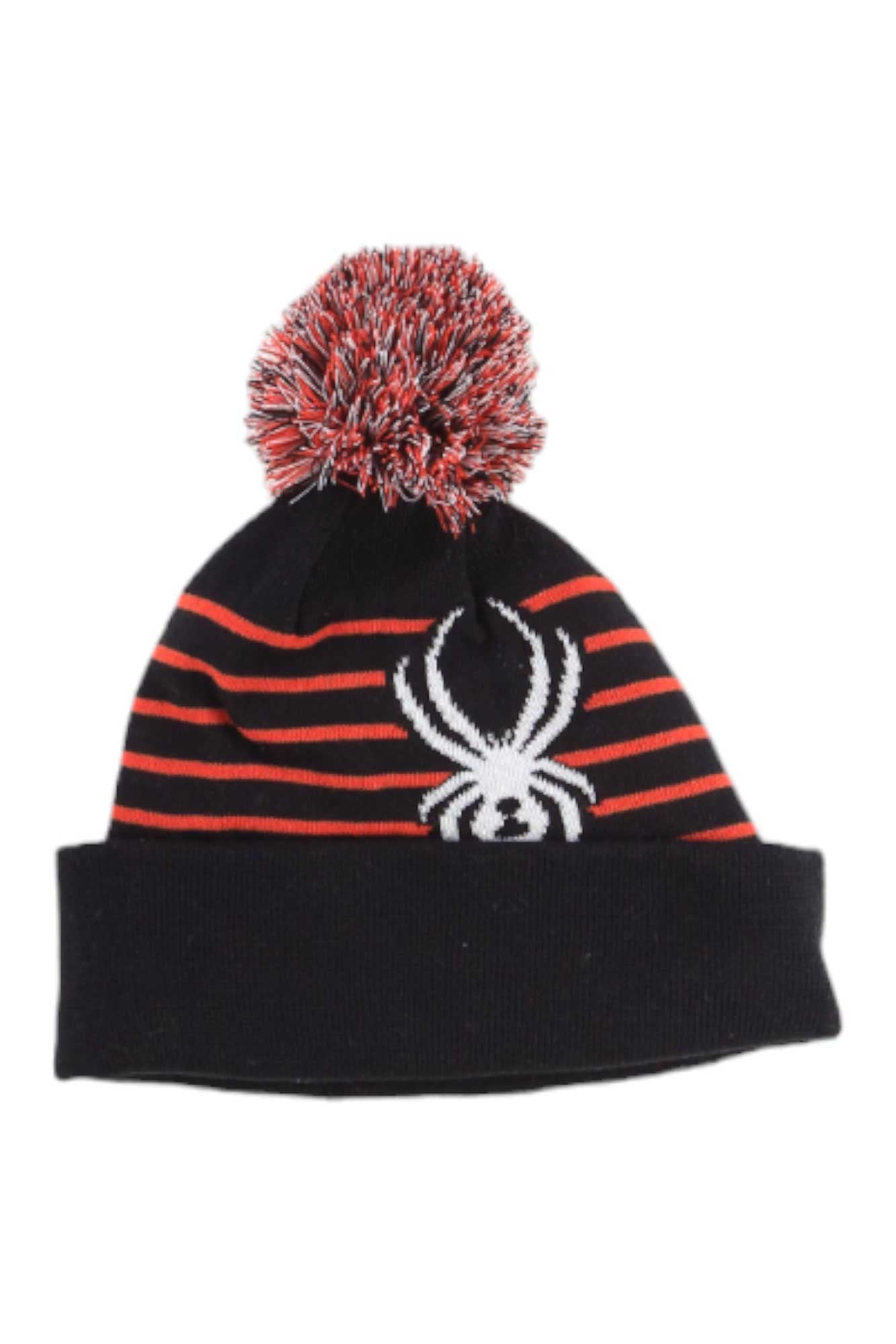 The Spyder Boys Icebox Hat is a black winter hat with red and white stripes, a soft fleece lining, a red and white pom-pom, and a white spider logo—ideal for kids’ snowsports.