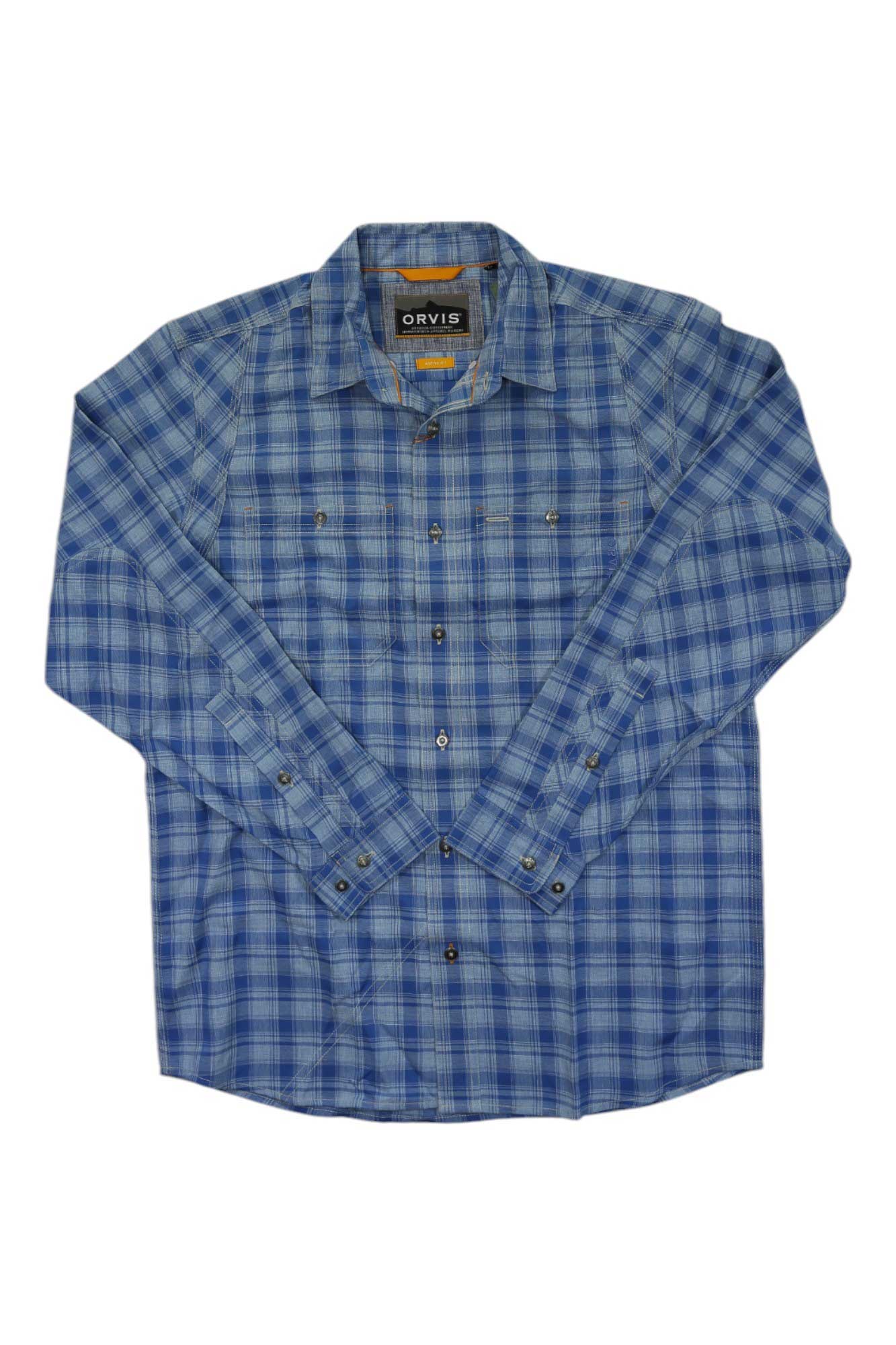 Men's blue plaid workshirt, long-sleeve button-up with chest pockets
