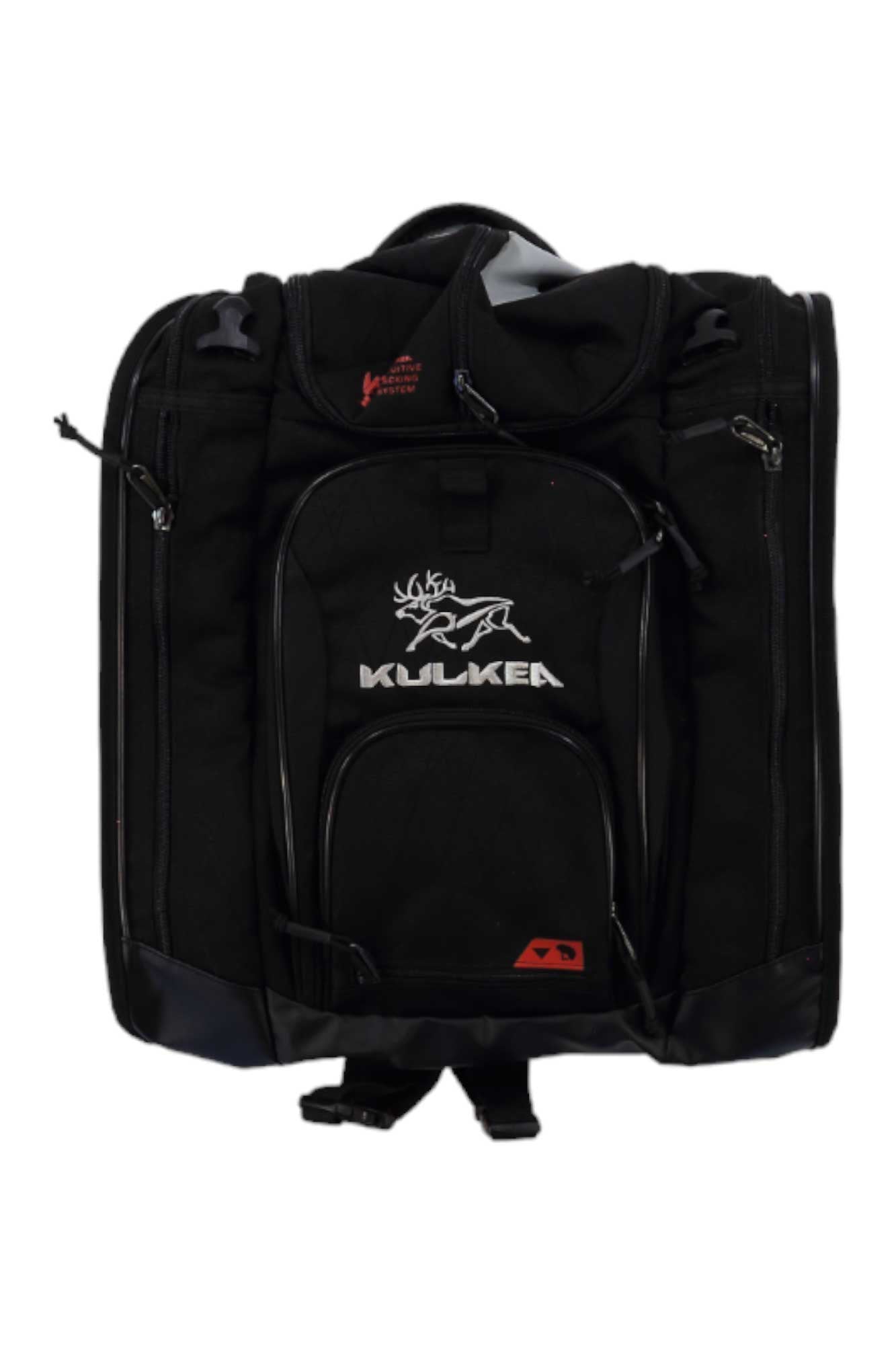Ski boot bag in dark black with front zip pocket and straps, KULKEA logo