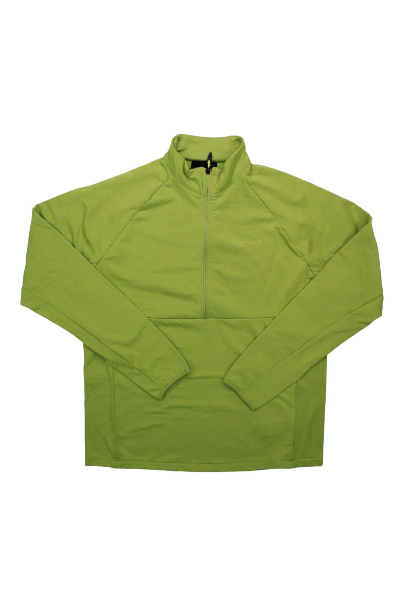 A Marmot Mens Leconte Fleece 1/2 Zip Top in light green, with a high collar, front pocket, and technical grid fleece fabric, is laid flat on a white background.