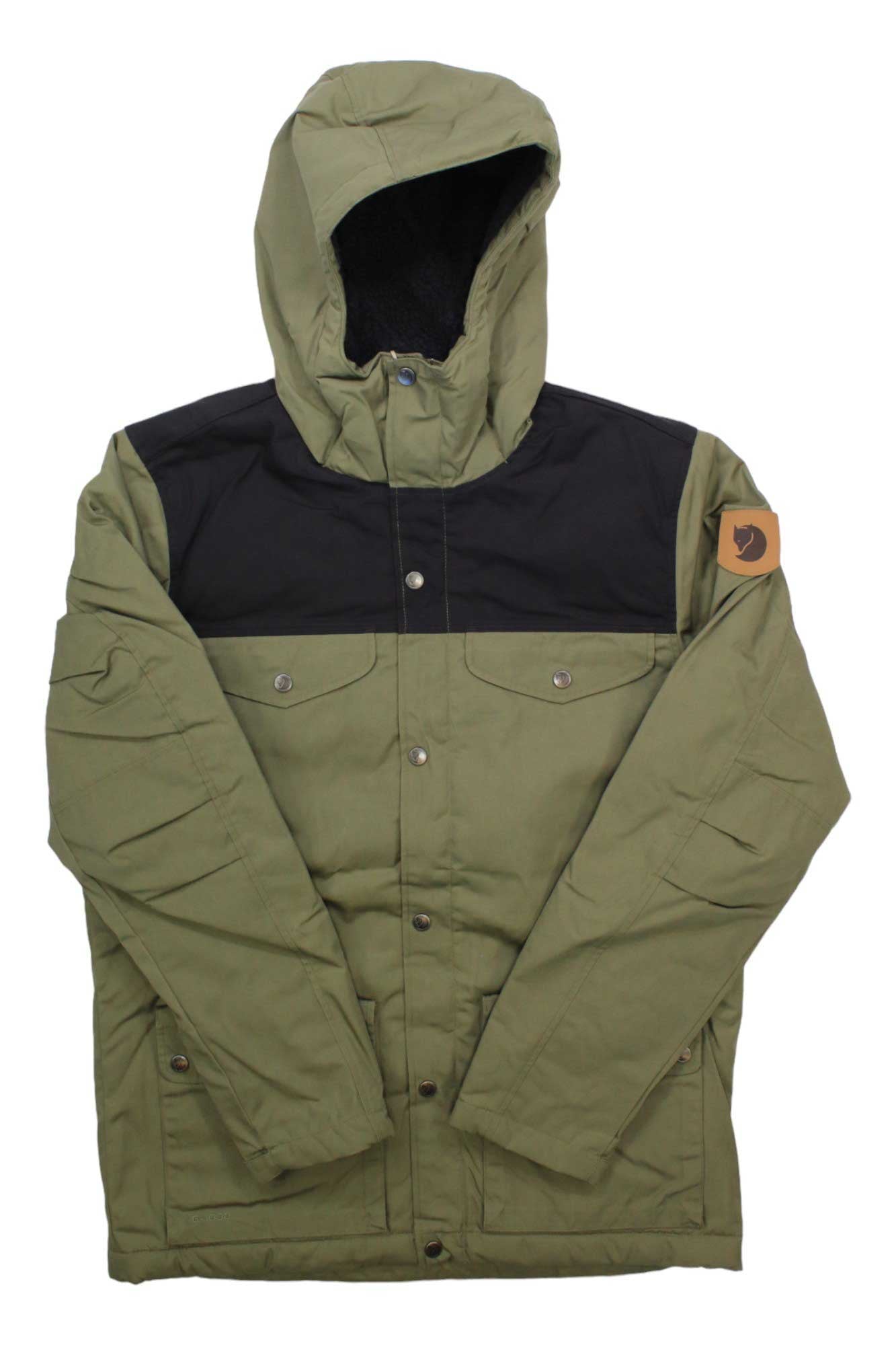 The Greenland Winter Insulated Jacket for men features G-1000 Eco fabric, a green hood, black shoulder panel, snap button front, chest pockets, and a brown logo patch on the left sleeve.