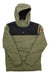 The Greenland Winter Insulated Jacket for men features G-1000 Eco fabric, a green hood, black shoulder panel, snap button front, chest pockets, and a brown logo patch on the left sleeve.