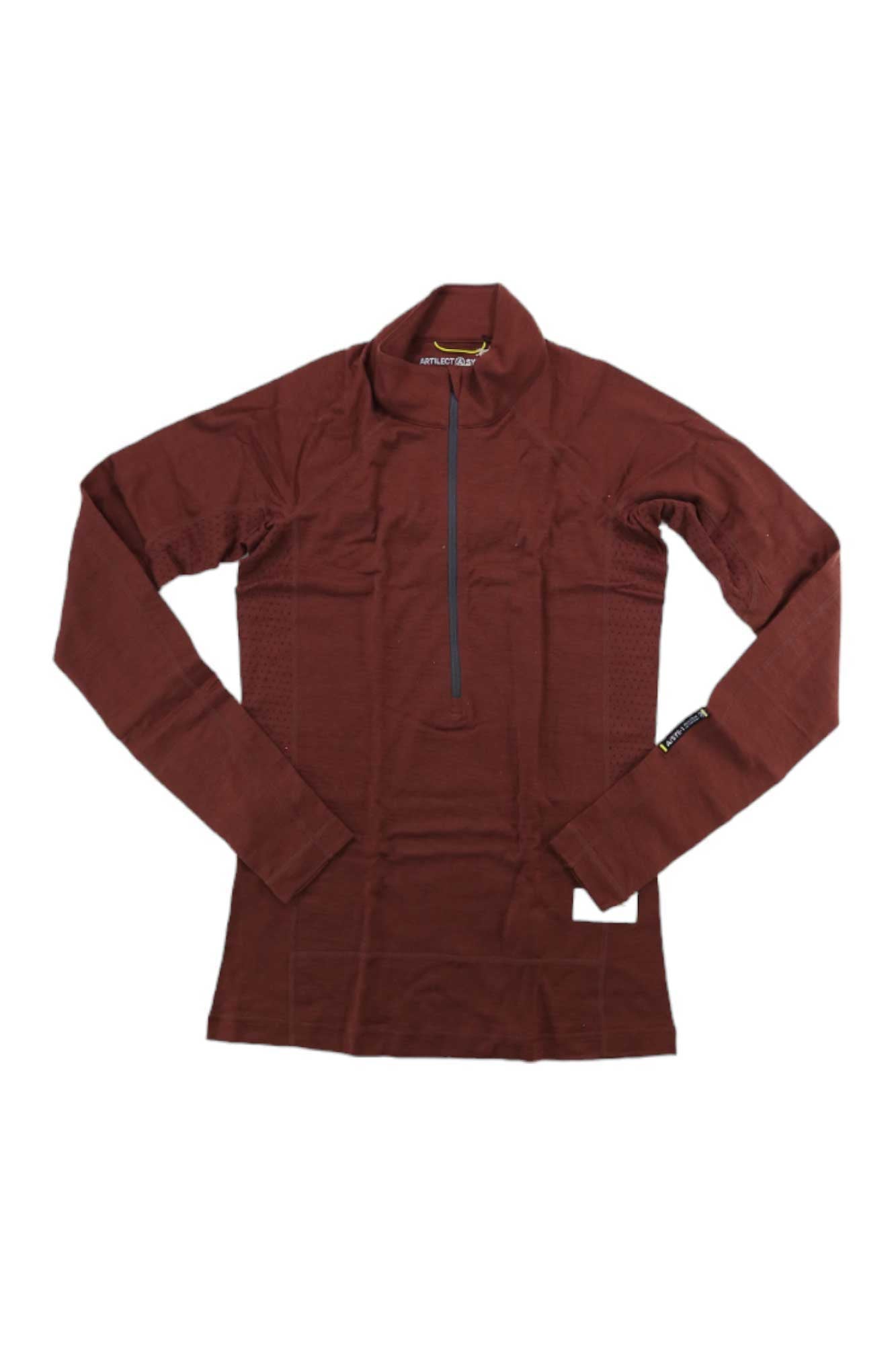 An Artilect Womens Boulder 125 1/4 Zip Top, maroon ultralight long sleeve athletic shirt with a quarter-zip front, is laid flat on a white background.
