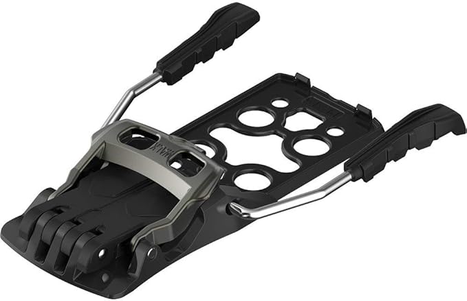 The Salomon 1X2 Touring Brakes are black and silver bindings with a metal frame, plastic base, and two angled arms, designed to securely attach ski boots while remaining lightweight and compatible with ski touring brakes.