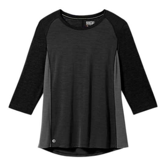 Women's merino sport 3/4 sleeve bike tee, black raglan sleeves, curved hem