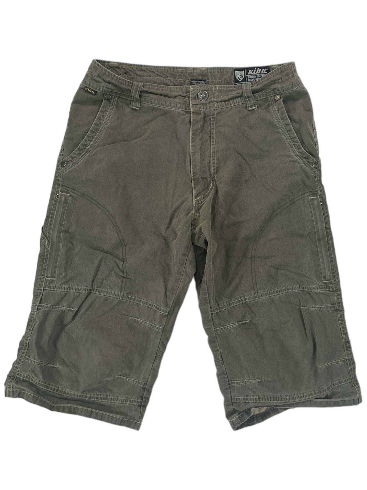 Mens Renegade Shorts in olive green feature quick-dry fabric, multiple pockets, and visible stitching. Displayed against a plain white background.