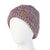 Maroon knit beanie with folded cuff, maroon/white flecked yarn, leather patch