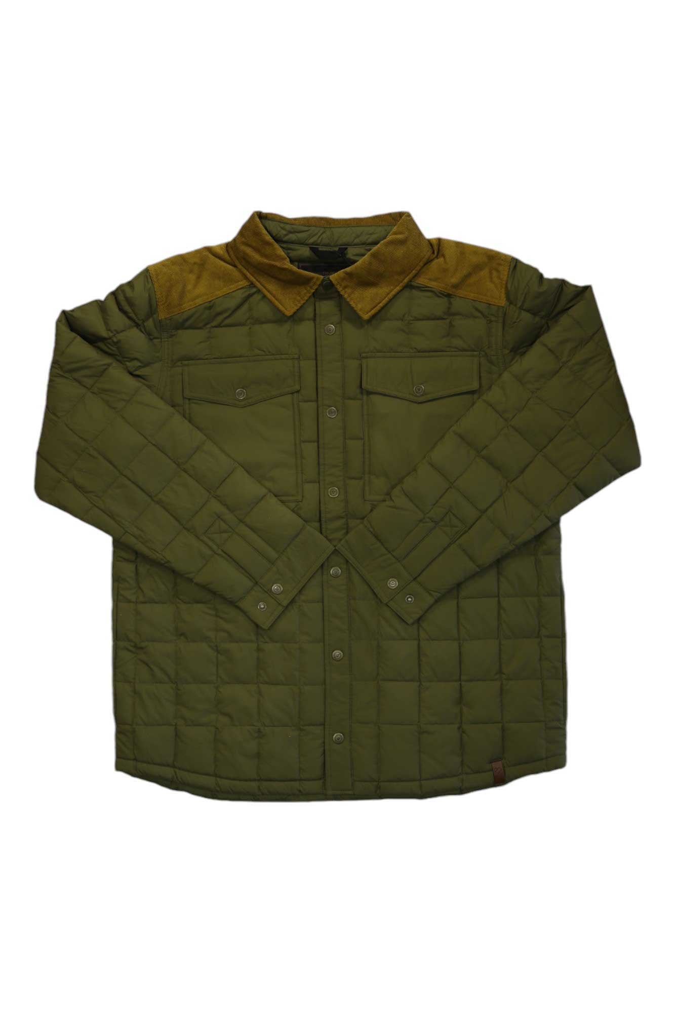 Men's quilted down shirt, olive green, button-front, two chest pockets, collar.
