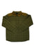 Men's quilted down shirt, olive green, button-front, two chest pockets, collar.