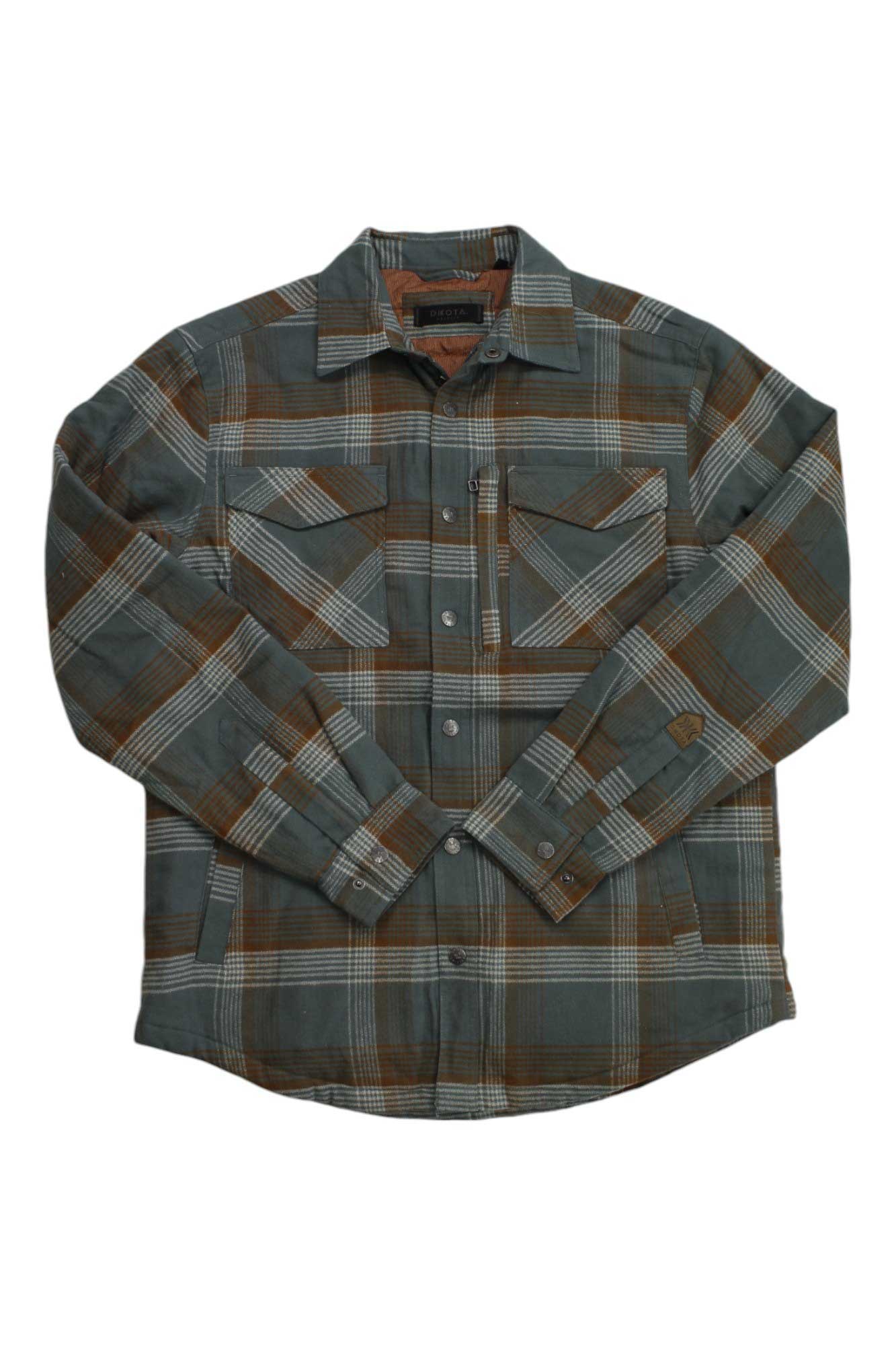 Dakota Grizzly Mens Tobias Shirt Jacket in green and brown plaid, soft cotton flannel with quilted lining, two chest pockets, and long sleeves, displayed flat on a white background.