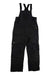 The Flylow Men's Baker Insulated Bib by Flylow, in black, features adjustable shoulder straps, multiple zippered chest and leg pockets, and reinforced knees; shown laid flat on a white background.