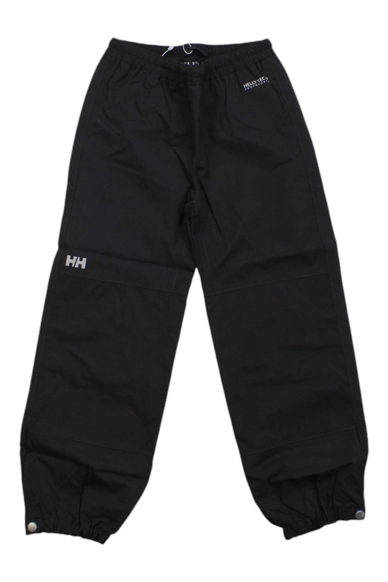 The Helly Hansen Kids Shelter Pant is a black snow pant featuring elastic cuffs, an elastic waistband, reinforced knees for durability, and Helly Hansen logos on the left thigh and right hip.