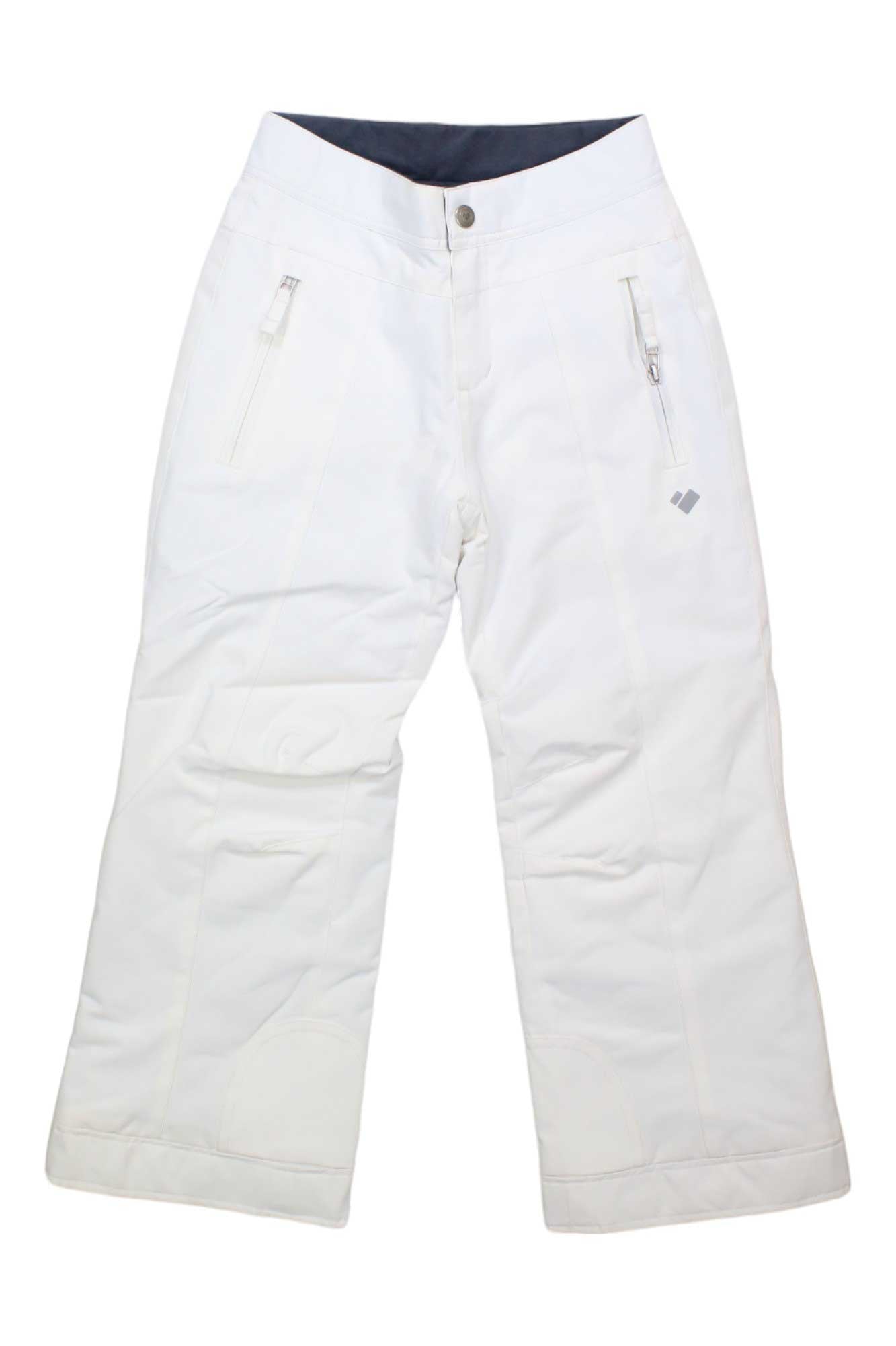 The Obermeyer Brooke Insulated Snow Pants are white girls' ski pants with zipper pockets, a button and zip closure, a small right thigh logo, slight leg flare, and warm insulation—ideal for winter sports and staying cozy on the slopes.