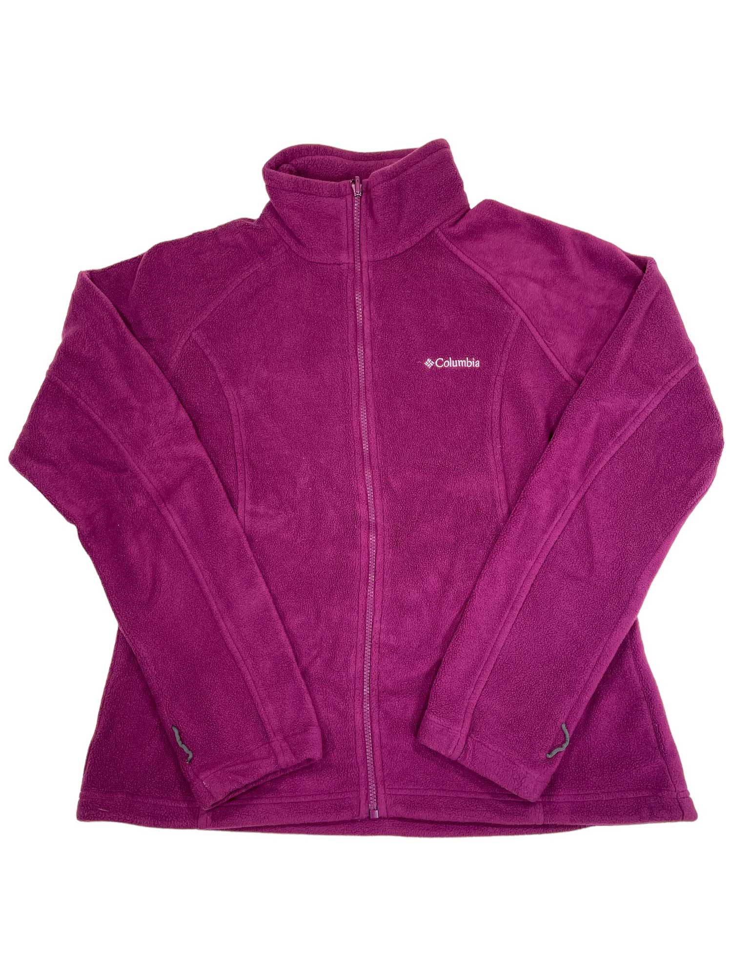 A magenta Womens Benton Springs Full Zip Fleece Jacket by Columbia with a full front zipper, long sleeves, zippered hand pockets, and a stand-up collar, shown laid flat on a white background.