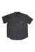 The Carhartt Mens Rugged Flex Rigby SS Work Shirt in dark gray features short sleeves, two chest pockets, rugged flex technology, and a logo patch on the left pocket, shown laid flat on a white background.