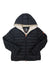 The Save The Duck Womens Gwen Jacket is a black puffer with a hood, front zipper, light fleece lining, horizontal quilting, breathable and water- and wind-resistant fabric, plus a round logo patch on the left sleeve.