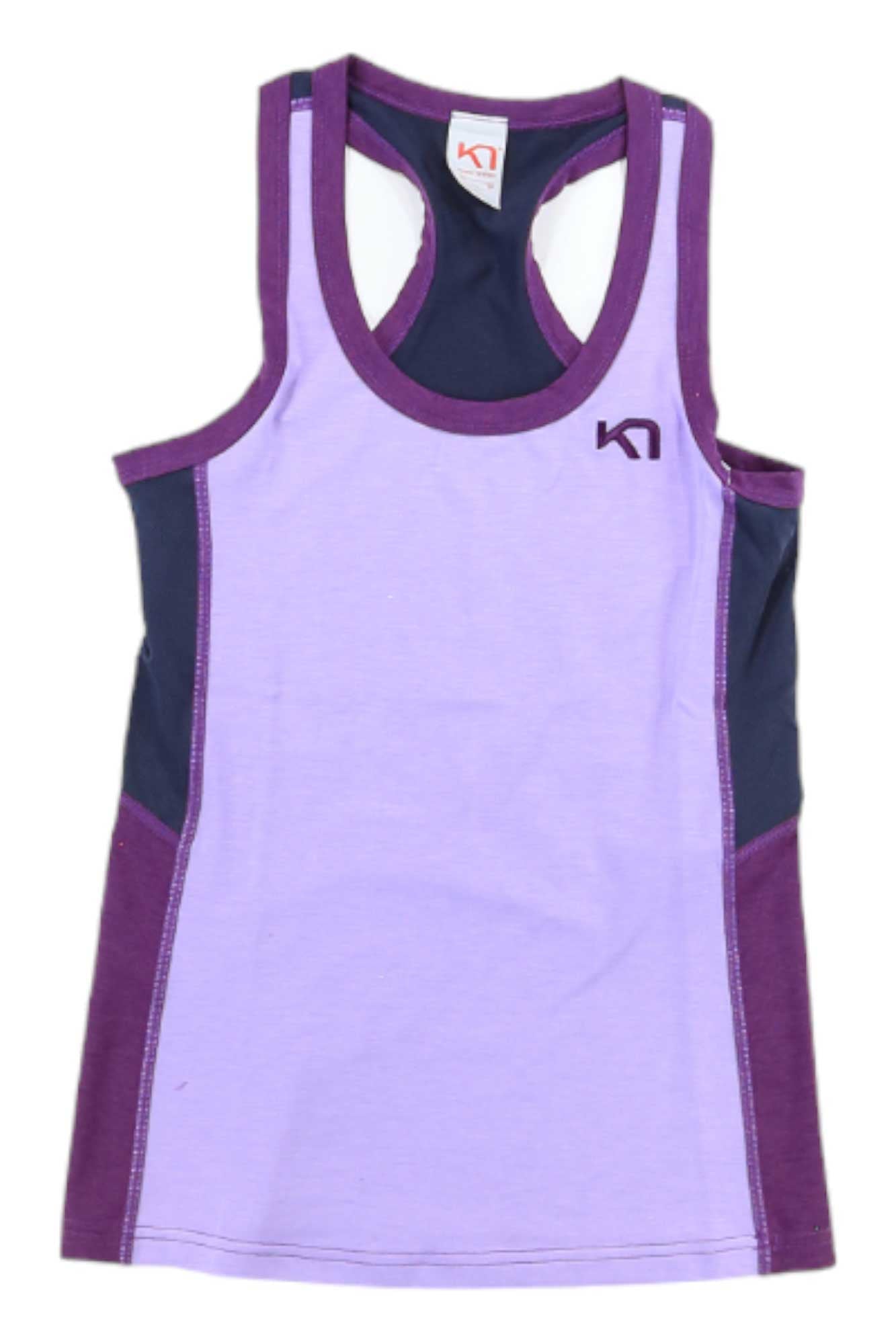 The Kari Traa Women's Sanne Hiking Top is a quick-drying, racerback tank in light purple with dark purple and navy panels and trim. Designed for hiking, it features a small chest logo for a sporty look.