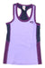 The Kari Traa Women's Sanne Hiking Top is a quick-drying, racerback tank in light purple with dark purple and navy panels and trim. Designed for hiking, it features a small chest logo for a sporty look.