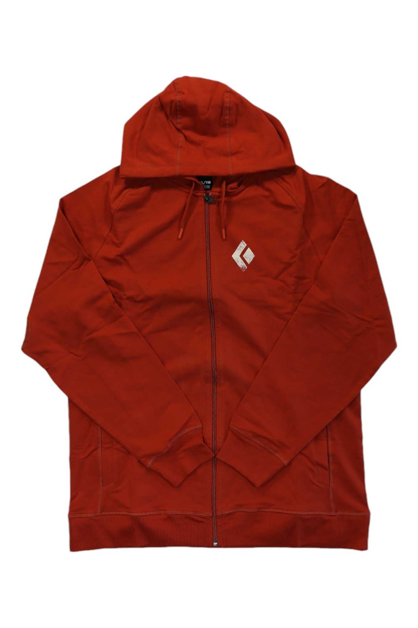 The Black Diamond Men's Chalked Up Full Zip Hoody is a plain, long-sleeved red hoody made from organic cotton with a small white geometric logo on the left chest. Ideal for climbing or everyday wear.