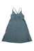 A sleeveless, knee-length Womens Amber Dawn Dress by Patagonia in muted blue, featuring a V-neck and crossed back straps, shown flat on white—a stylish, sustainable fashion option.