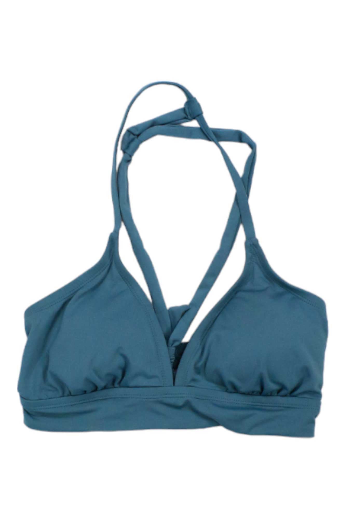 The Carve Designs Women's Dahlia Top is a teal bikini top featuring triangle cups, wide straps, and a crisscross halter neck design made from recycled materials, shown laid flat on a white background.