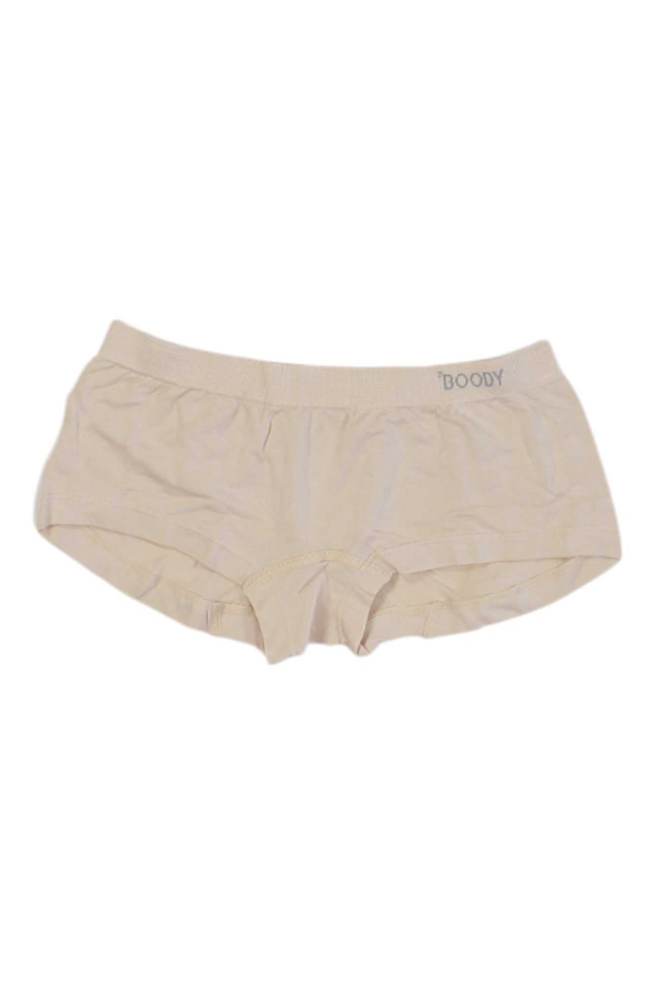 Women’s boy leg brief in light nude beige, mid-rise waistband with Boody logo