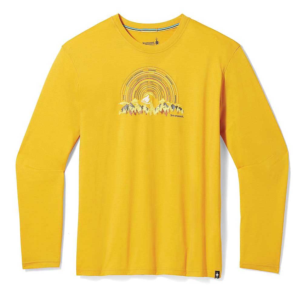 The Smartwool Never Summer Mountains Graphic LS Tee is a yellow Merino wool long sleeve with moisture management, featuring a sunrise and hikers chest graphic, crew neckline, and no visible buttons or pockets.