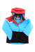 The Spyder Girls Zoey Jacket is an insulated, waterproof ski jacket featuring red on the hood and shoulders, light blue on the chest and sleeves, black on the lower body and cuffs, plus a white accent. It is shown laid flat on a white background.