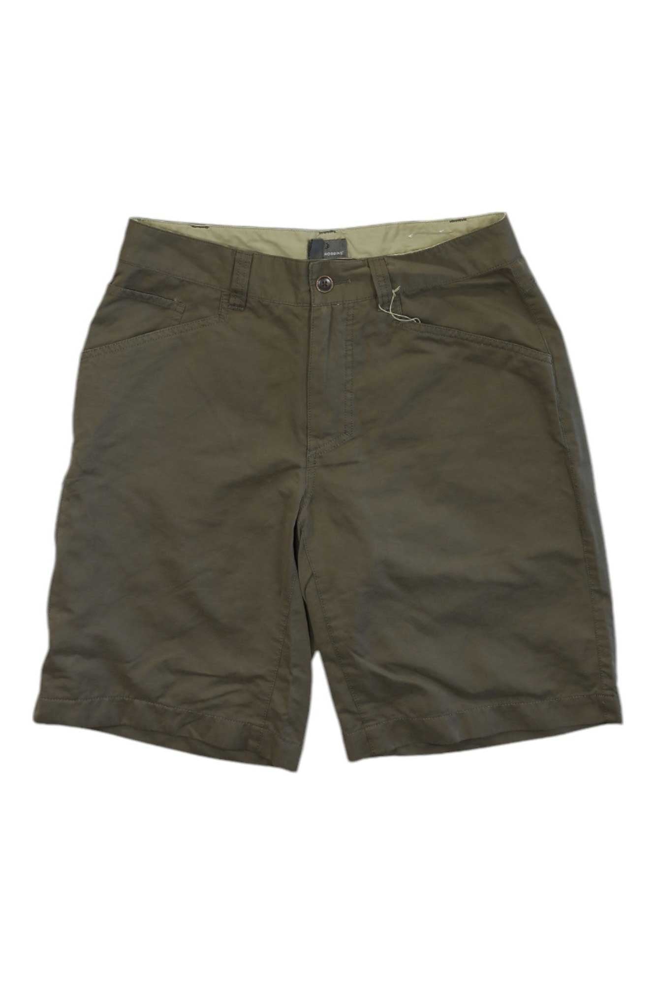 A pair of Royal Robbins Mens Convoy Utility Short in olive green, featuring side pockets, a front button, and zipper fly, displayed flat on a white background.