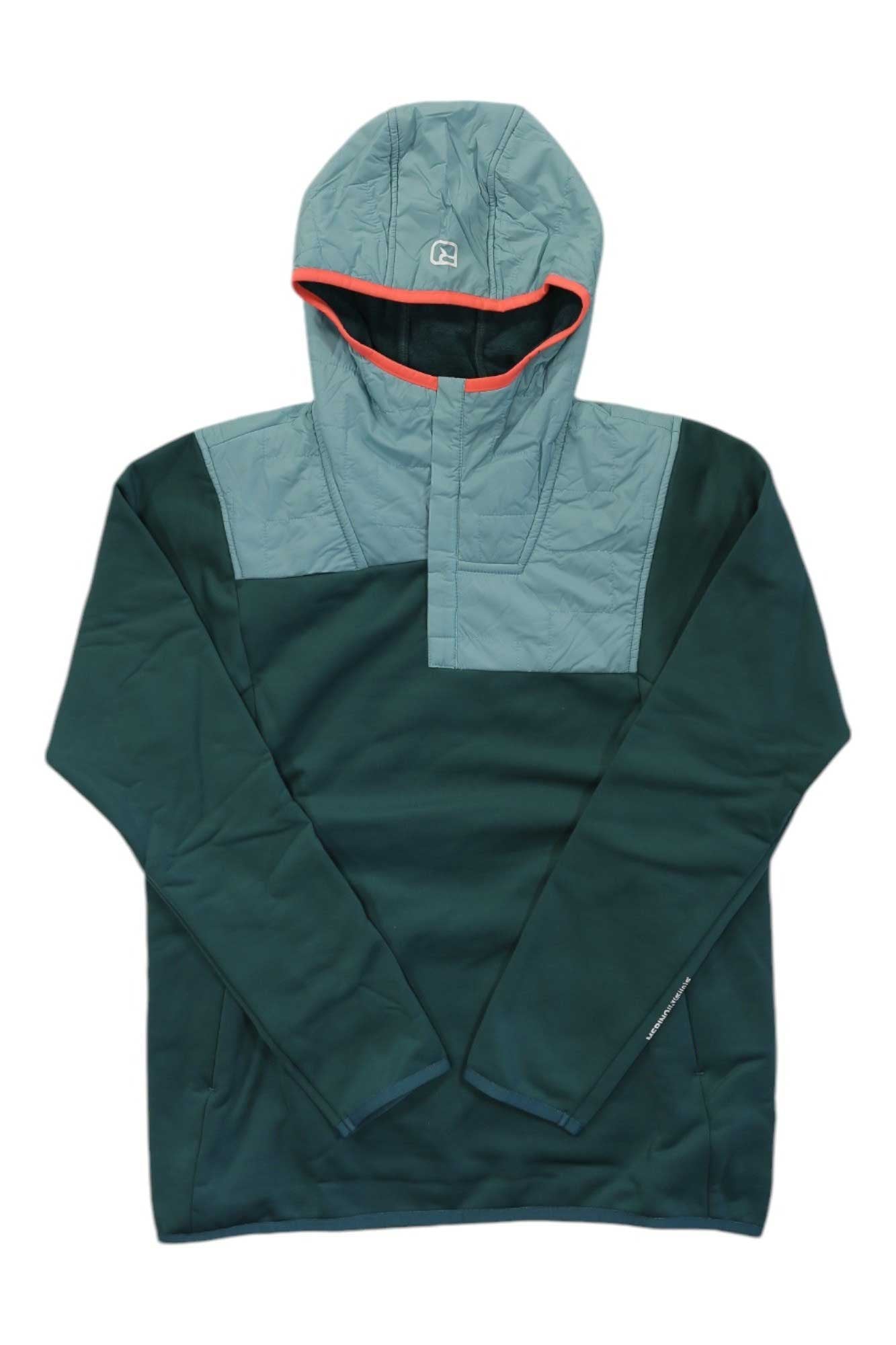The Ortovox Womens Fleece Plus Anorak is a dark green pullover hoodie with a light gray hood and shoulder panel, partial front zipper, small logo on the hood, and a red-accented hood lining—ideal for outdoor layering.
